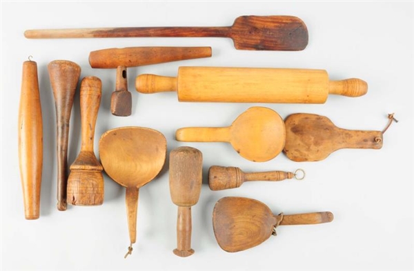 LOT OF 12: EARLY WOODEN UTENSILS.                 