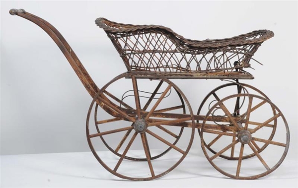 LARGE ANTIQUE WOODEN & WICKER DOLL CARRIAGE.      