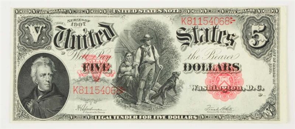 $ 5 1907 US LARGE NOTE WITH RED SEAL.             