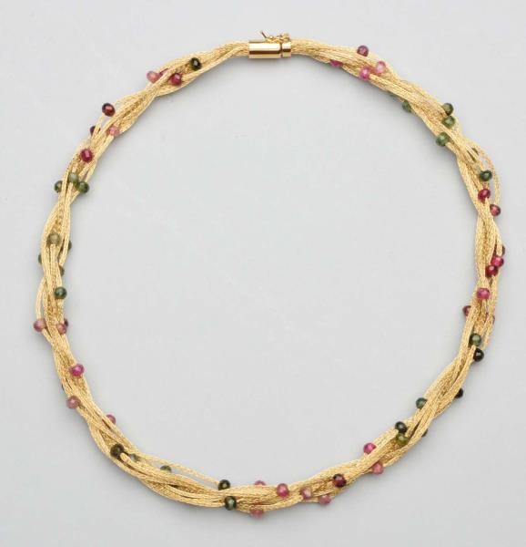 14K MULTI-STRAND CHAIN WITH TOURMALINE NECKLACE.  