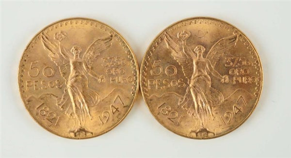 LOT OF 2: GOLD MEXICAN 50 PESOS COINS.            