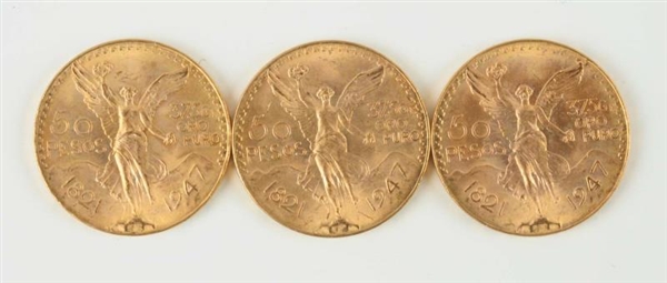 LOT OF 3: GOLD MEXICAN 50 PESOS COINS.            