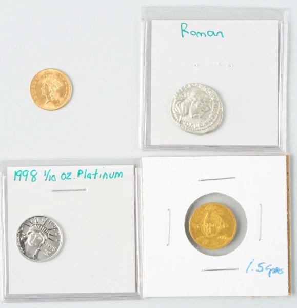 LOT OF 4: GOLD, PLATINUM, & ROMAN COINS.          