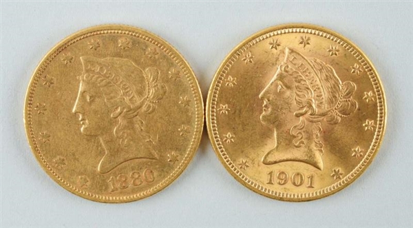 LOT OF 2: $10 GOLD LIBERTY EAGLE COINS.           