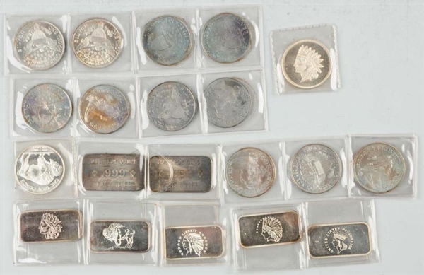 LOT OF 20: 1 OZ. .999 SILVER COINS & BARS.        