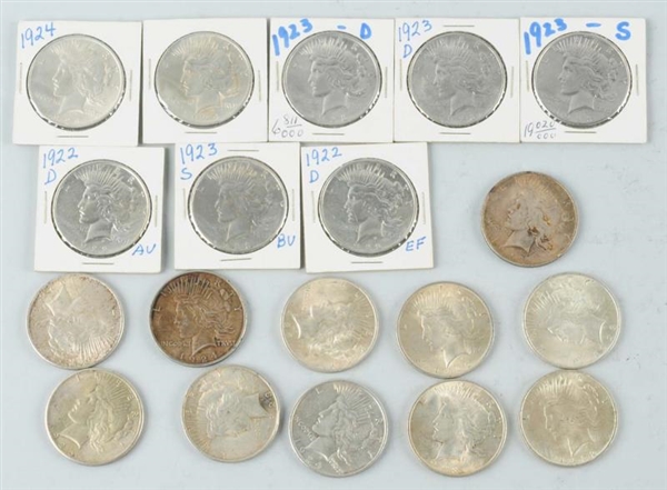 LOT OF 19: PEACE SILVER COINS.                    