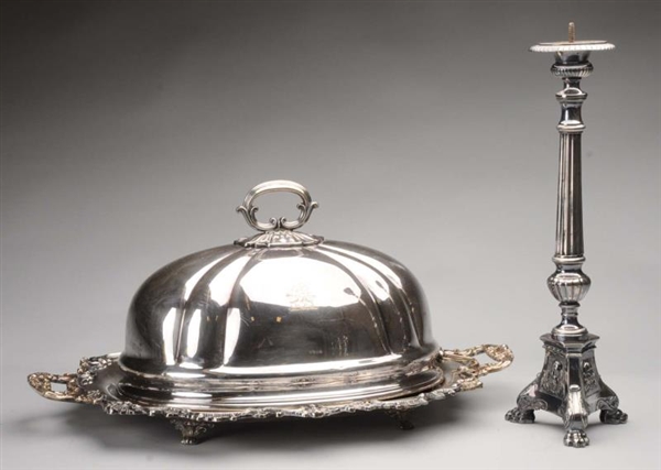 AN ENGLISH SILVER PLATED DISH COVER.              