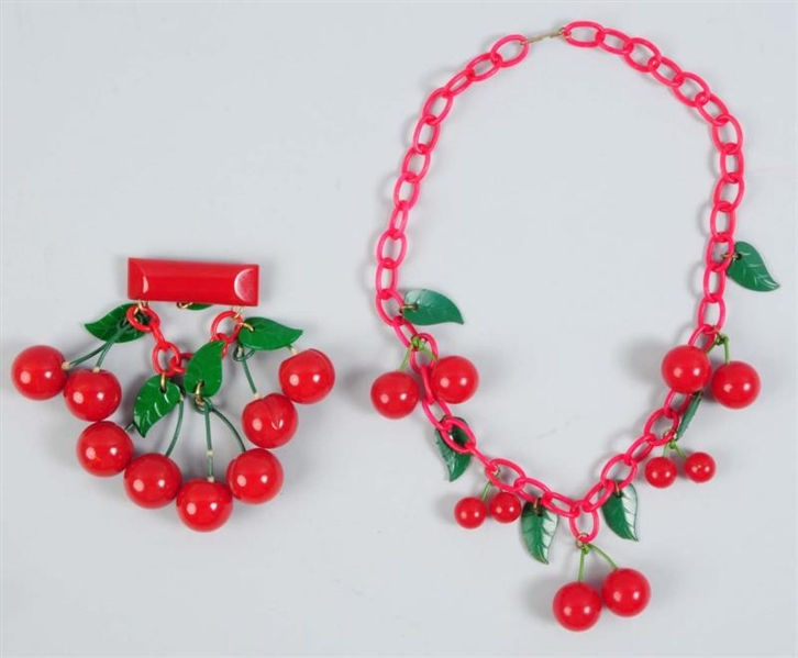 LOT OF 2: RED CHERRY BAKELITE NECKLACE & BROOCH.  