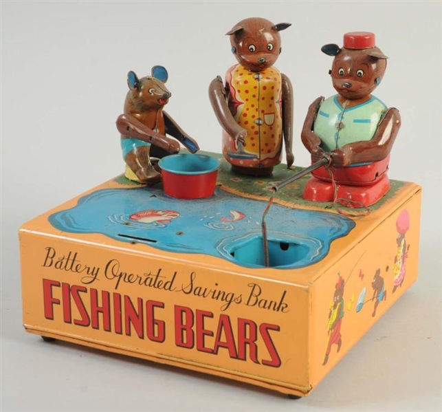 JAPANESE TIN LITHO FISHING BEARS SAVINGS BANK.    