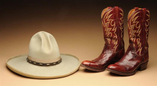 LOT OF 3: HATS AND PAIR OF BOOTS.                 