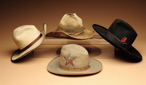 LOT OF 4: MUCH USED VINTAGE COWBOY HATS.          