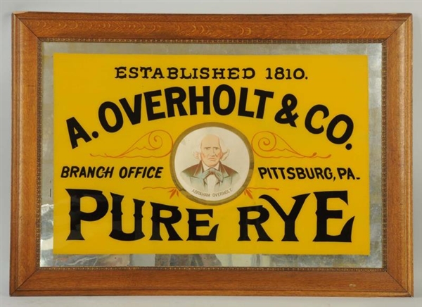 OVERHOLT PURE RYE WHISKEY GLASS SIGN.             