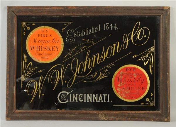 W.W. JOHNSON WHISKEY REVERSE PAINTING SIGN.       