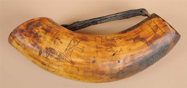 EARLY HORN DINKING CUP WITH LEATHER HANDLE.       