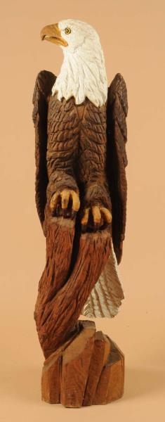 WOODEN CARVING OF BALD EAGLE.                     