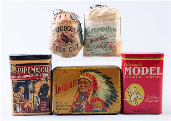 LOT OF 5: TOBACCO TINS & POUCHES.                 