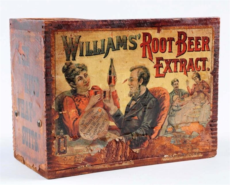 CRATE OF WILLIAMS ROOT BEER EXTRACT BOTTLES.      