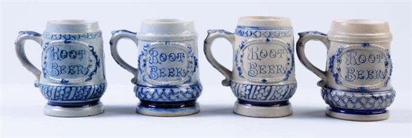 LOT OF 4: BLUE DECORATED STONEWARE ROOT BEER MUGS 