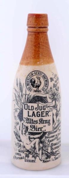 OLD JUG LAGER STONEWARE BEER BOTTLE.              