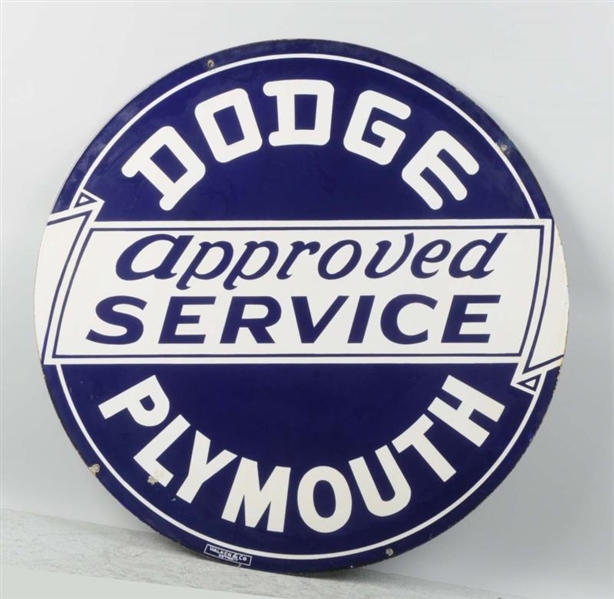 PORCELAIN DODGE PLYMOUTH APPROVED SIGN.           