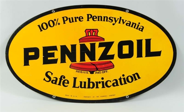 DOUBLE-SIDED TIN PENNZOIL SAFE LUBRICATION SIGN.  