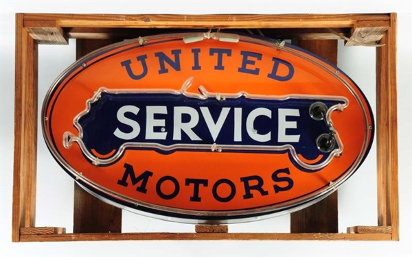 PORCLAIN OVAL UNITED MOTOR SERVICE NEON SIGN.     