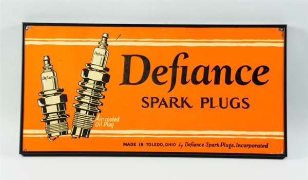 TIN EMBOSSED DEFIANCE SPARK PLUGS SIGN.           