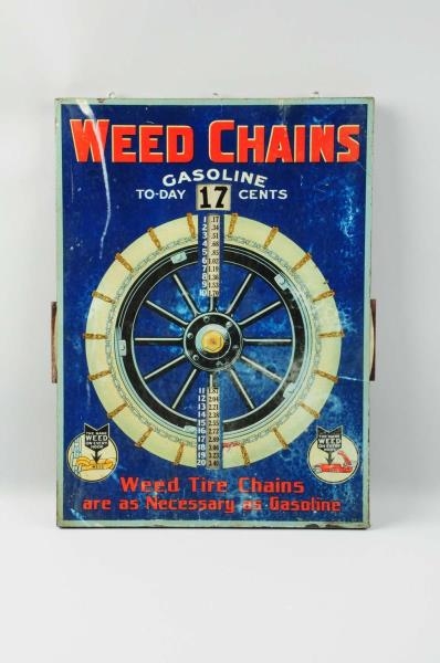TIN WOOD-BACKED WEED CHAINS GASOLINE TODAY SIGN.  