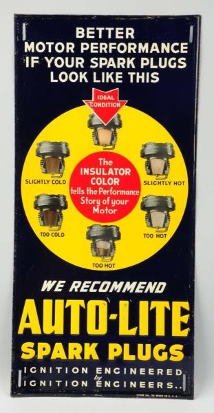 TIN WE RECOMMEND AUTO-LITE SPARK PLUGS SIGN.      