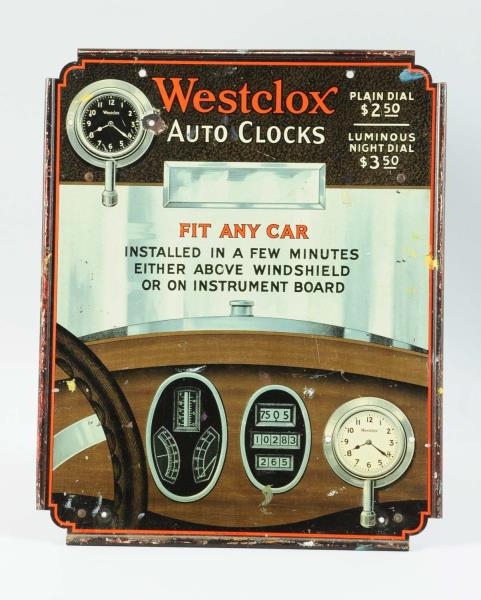 TIN WESTCLOX AUTO CLOCKS FIT ANY CAR SIGN.        