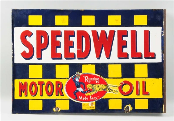 PORCELAIN SPEEDWELL MOTOR OIL FLANGE SIGN.        