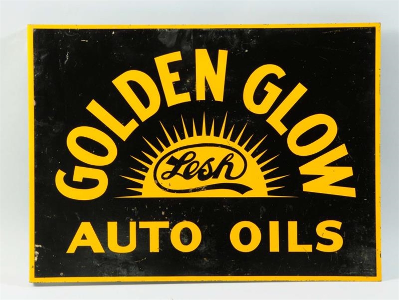 TIN LESH GOLDEN GLOW AUTO OILS FLANGE SIGN.       
