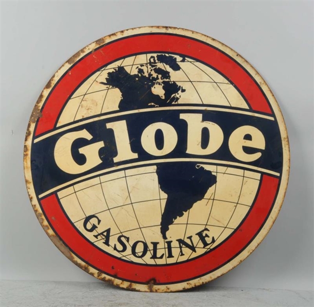 DOUBLE-SIDED TIN GLOBE GASOLINE SIGN.             