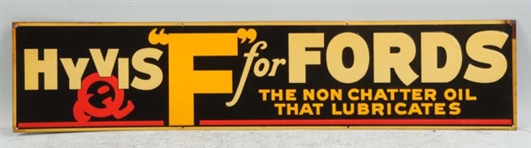 TIN EMBOSSED HYVIS "F" FOR FORDS SIGN.            