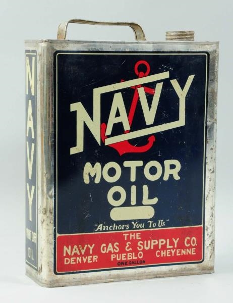 NAVY MOTOR OIL ONE-GALLON FLAT METAL CAN.         