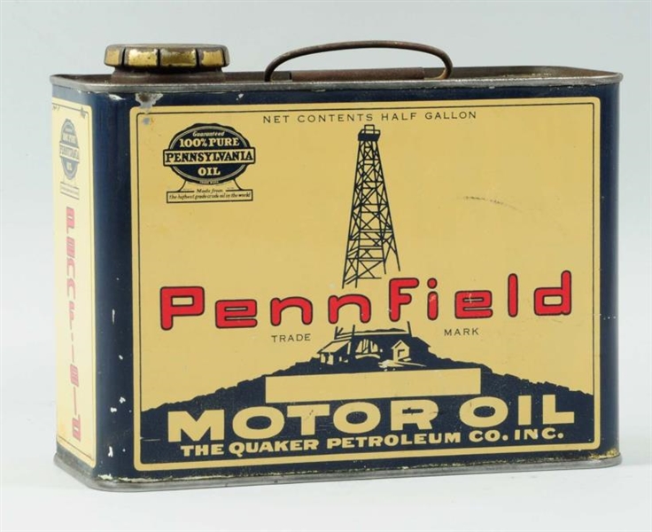 PENNFIELD MOTOR OIL HALF GALLON FLAT METAL CAN.   