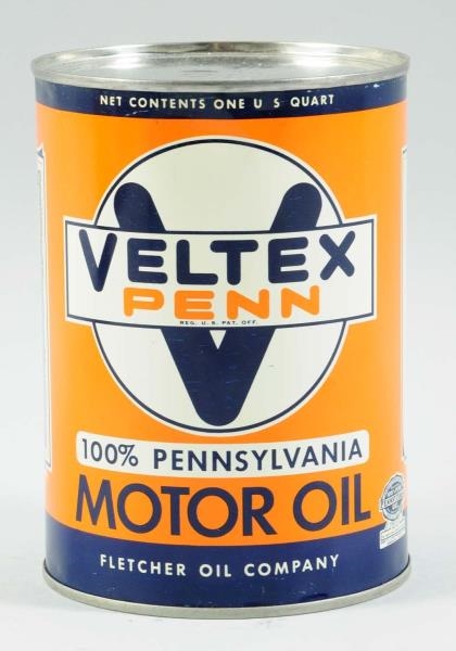 VELTEX PENN MOTOR OIL ONE-QUART ROUND METAL CAN.  