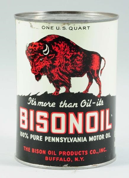 BISONOIL MOTOR OIL ONE-QUART ROUND METAL CAN.     