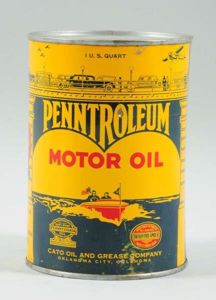 PENNTROLEUM MOTOR OIL ONE-QUART ROUND METAL CAN.  