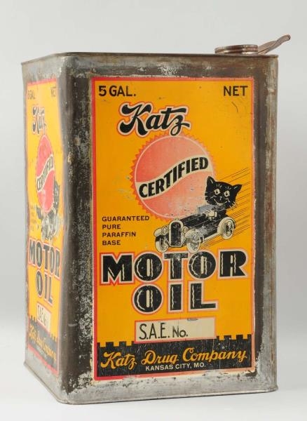 KATZ MOTOR OIL FIVE-GALLON SQUARE METAL CAN.      