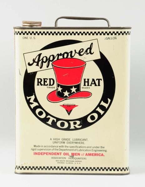 RED HAT MOTOR OIL ONE-GALLON FLAT METAL CAN.      