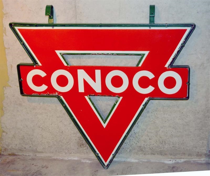 CONOCO TRIANGLE DOUBLE-SIDED PORCELAIN SIGN.      
