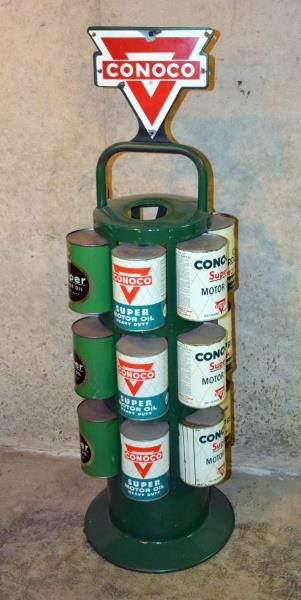 CONOCO OIL CAN RACK WITH SIGN.                    
