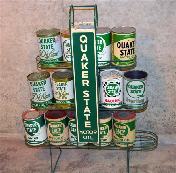 QUAKER STATE MOTOR OIL RACK WITH CANS.            