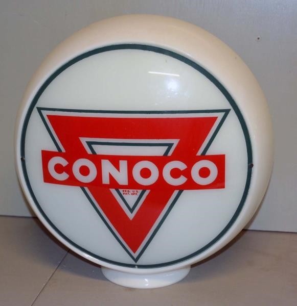 CONOCO GLOBE WITH GREEN OUTLINED TRIANGLE LOGO.   