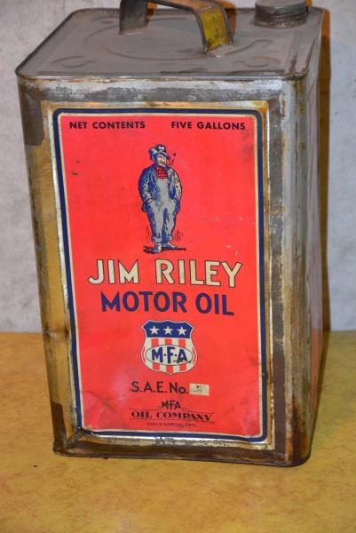 JIM RILEY MOTOR OIL MFA FIVE-GALLON SQUARE CAN.   