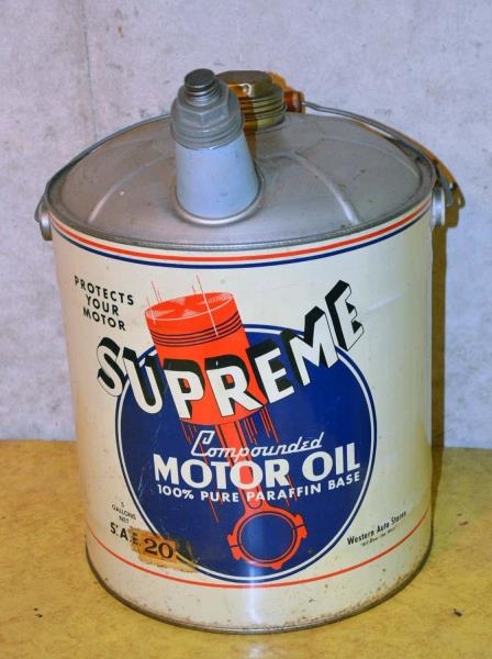 SUPREME MOTOR OIL FIVE-GALLON ROUND METAL CAN.    