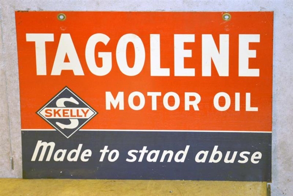DOUBLE-SIDED TIN SKELLY TAGOLENE MOTOR OIL SIGN.  