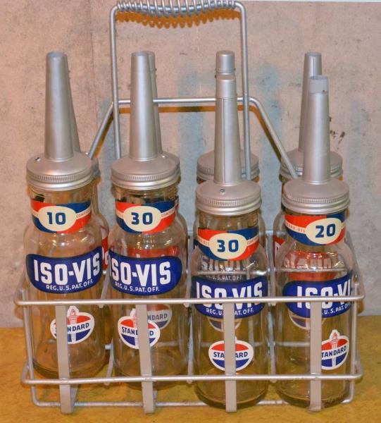 8-ISO-VIS STANDARD OIL BOTTLES WITH METAL SPOUTS. 