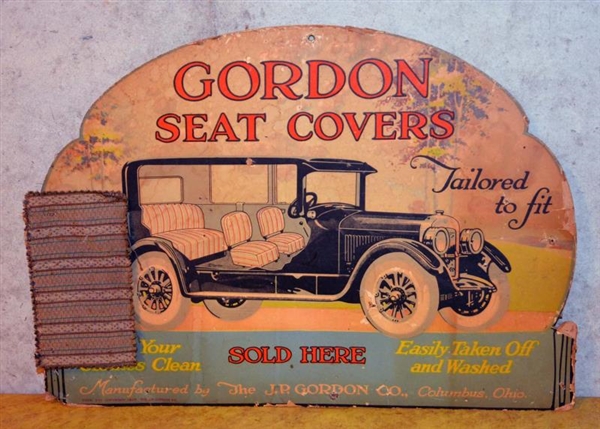 GORDON SEAT COVERS CARDBOARD EASEL-BACK SIGN.     